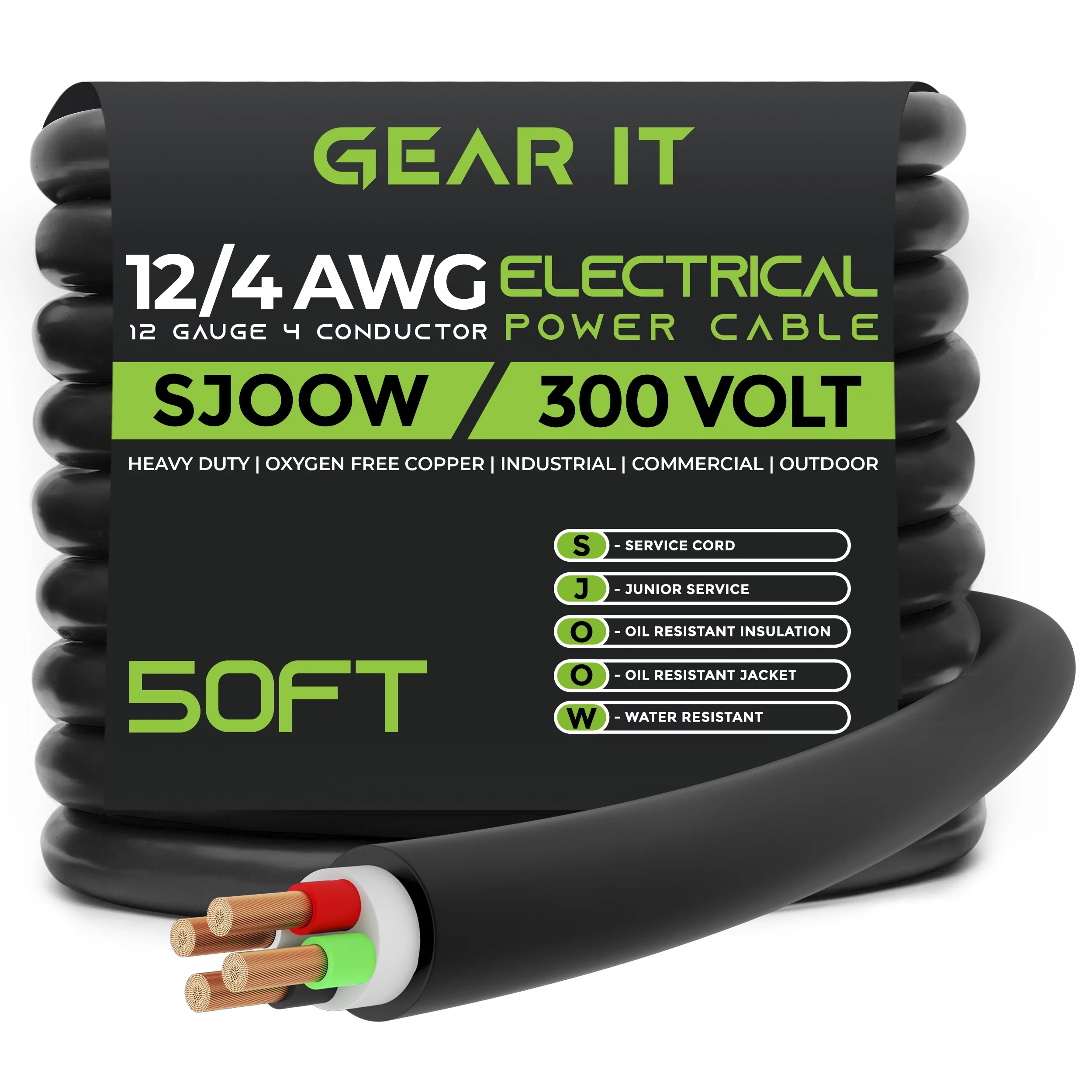 GearIT 12/4 12 AWG Portable Power Cable (50 Feet - 4 Conductor) SJOOW 300V 12 Gauge Electric Wire for Motor Leads, Portable lights, Battery Chargers, Stage Lights and Machinery -50ft Electrical Cord