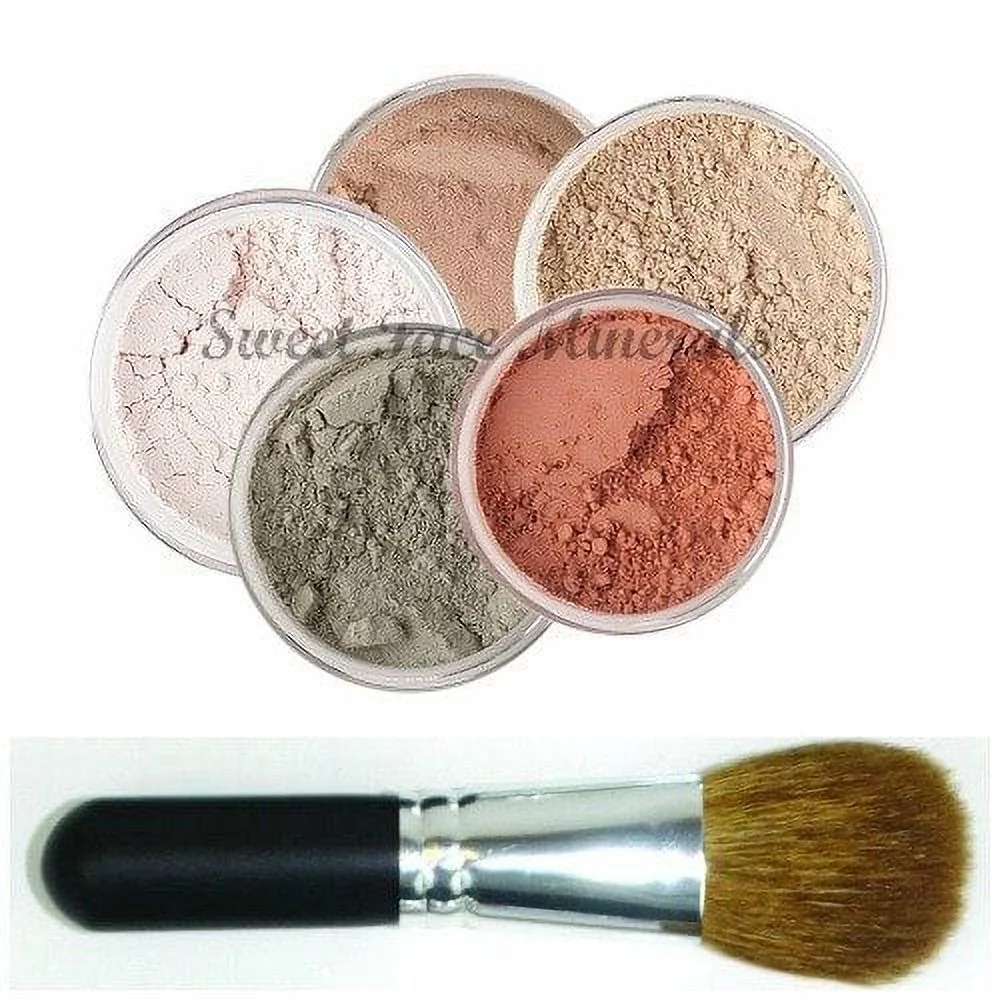 5pc KIT w/FACE BRUSH (BEIGE) Mineral Makeup Set Full Size Powder Bare Skin Matte Foundation