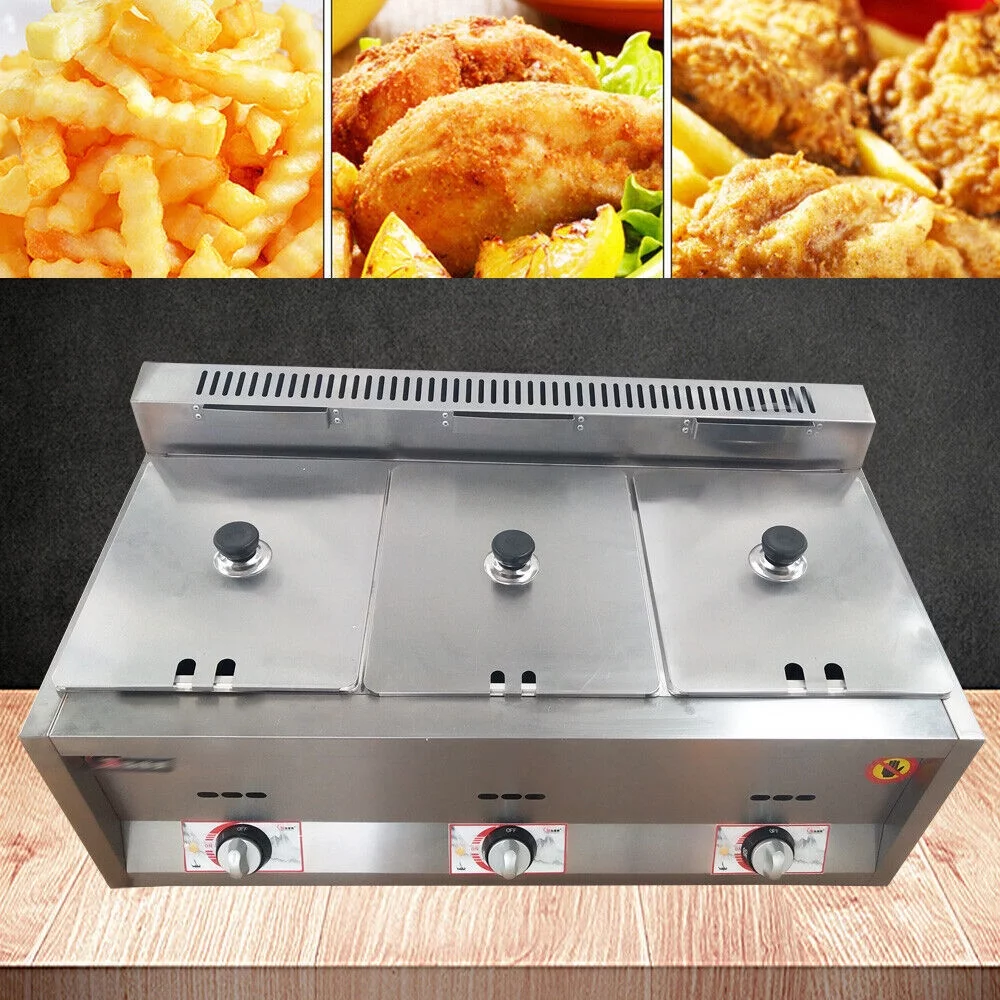 18L Propane NG Gas Fryer Catering Warmer Steam Table Buffet Restaurant 3 Pan 50 ~ 380 ° C Temperature Control