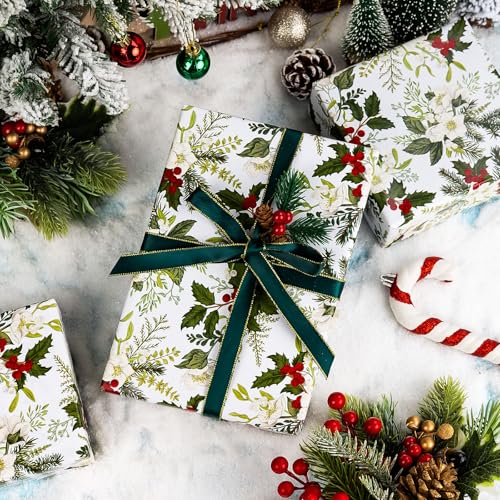 Merture Kraft Christmas Wrapping Paper Roll - Mini Roll - 17 In X 33 Ft (46.5 sq.ft.ttl.) - Vintage Watercolor Christmas Festive Leaves, Red Berries Neutral Holiday Gift Wrap Paper for Holiday, and Nature Lover