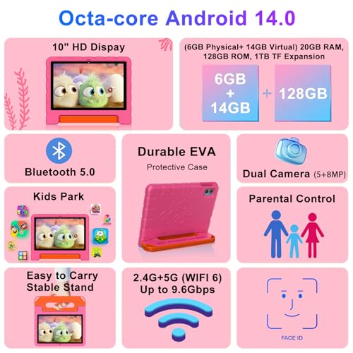 2025 Kids Tablet 10 inch Android 14 Tablets for Kid Octa-Core, 20GB+128GB (TF 1TB), Toddler Tablet with Shockproof Case, 2.4G+5G WiFi 6, Parental Control, Face Unlocked, Split Screen, BT5.0 (Blue)