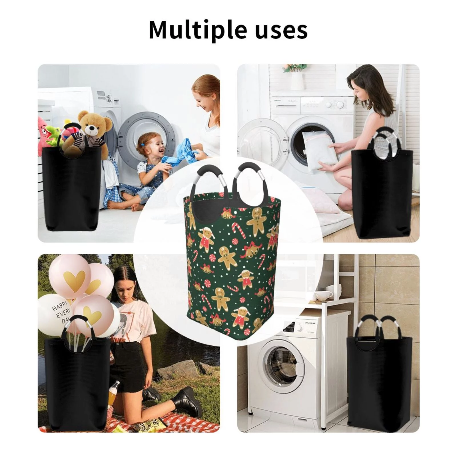 XMXT Collapsible Laundry Basket Hamper, Christmas Sugar Cookies Print Large Laundry Bag Clothes Hamper with Aluminum Handle, 50L