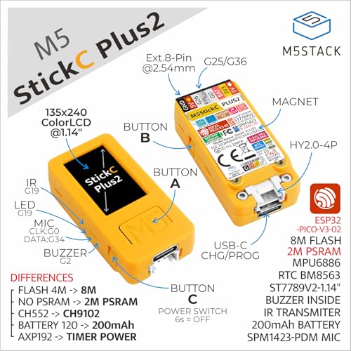 M5Stack Official M5StickC PLUS2 ESP32-PICO-V3-02 Mini IoT Development Kit 1.14-inch TFT Screen IoT Controller for UIFlow