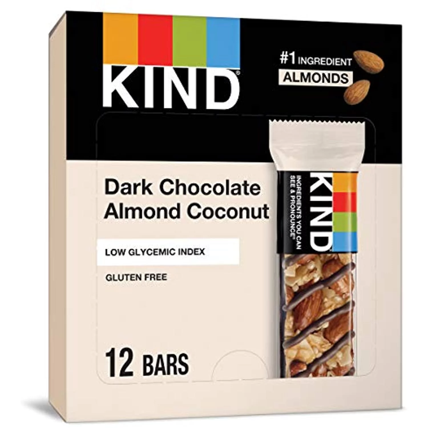 Kind Bars Low Glycemic Index Gluten Free Bars 1.4 Oz, Dark Chocolate Almond & Coconut, (Pack Of 12)