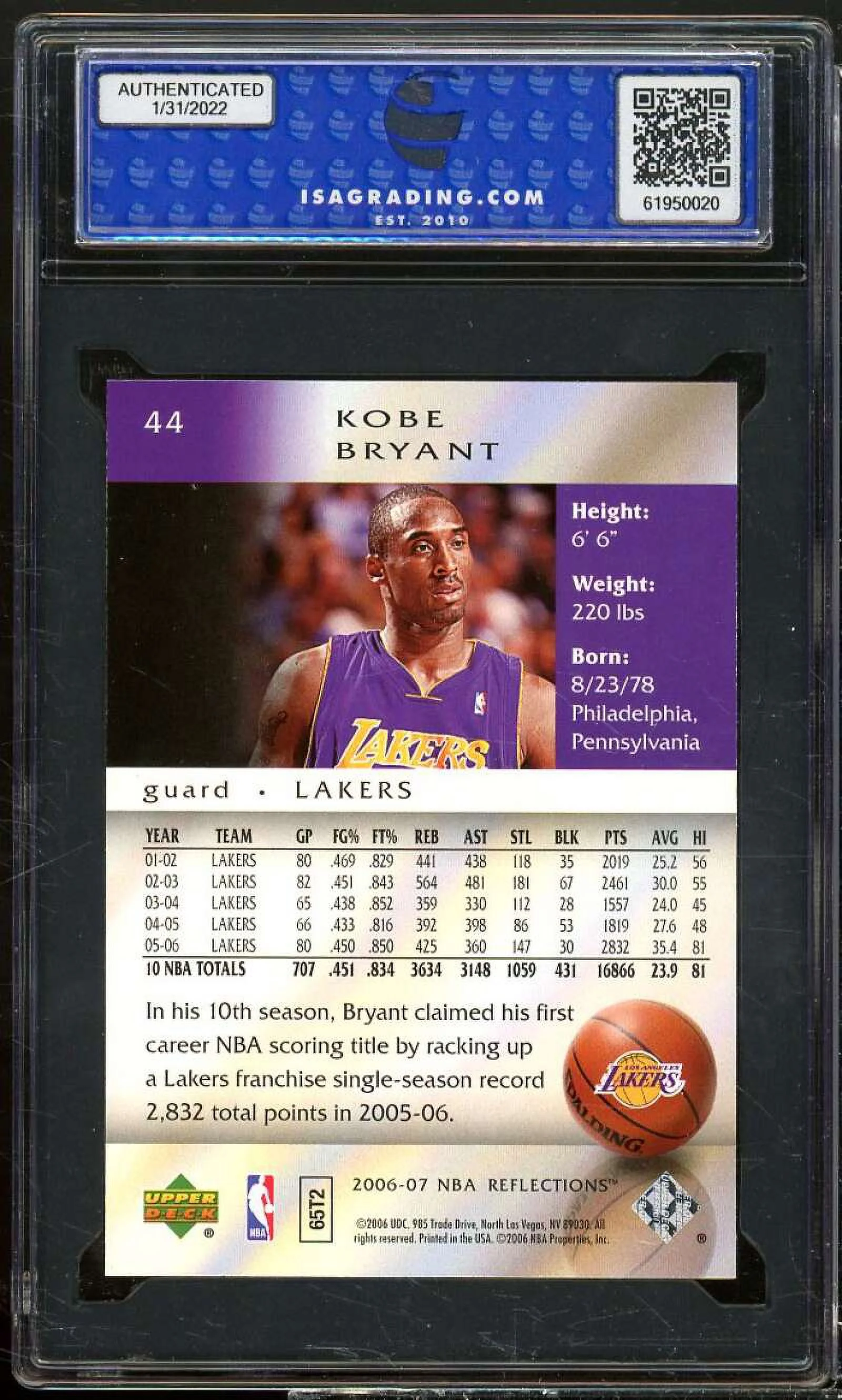 Kobe Bryant Card 2006-07 Upper Deck Reflections #44 ISA 10 GEM MINT