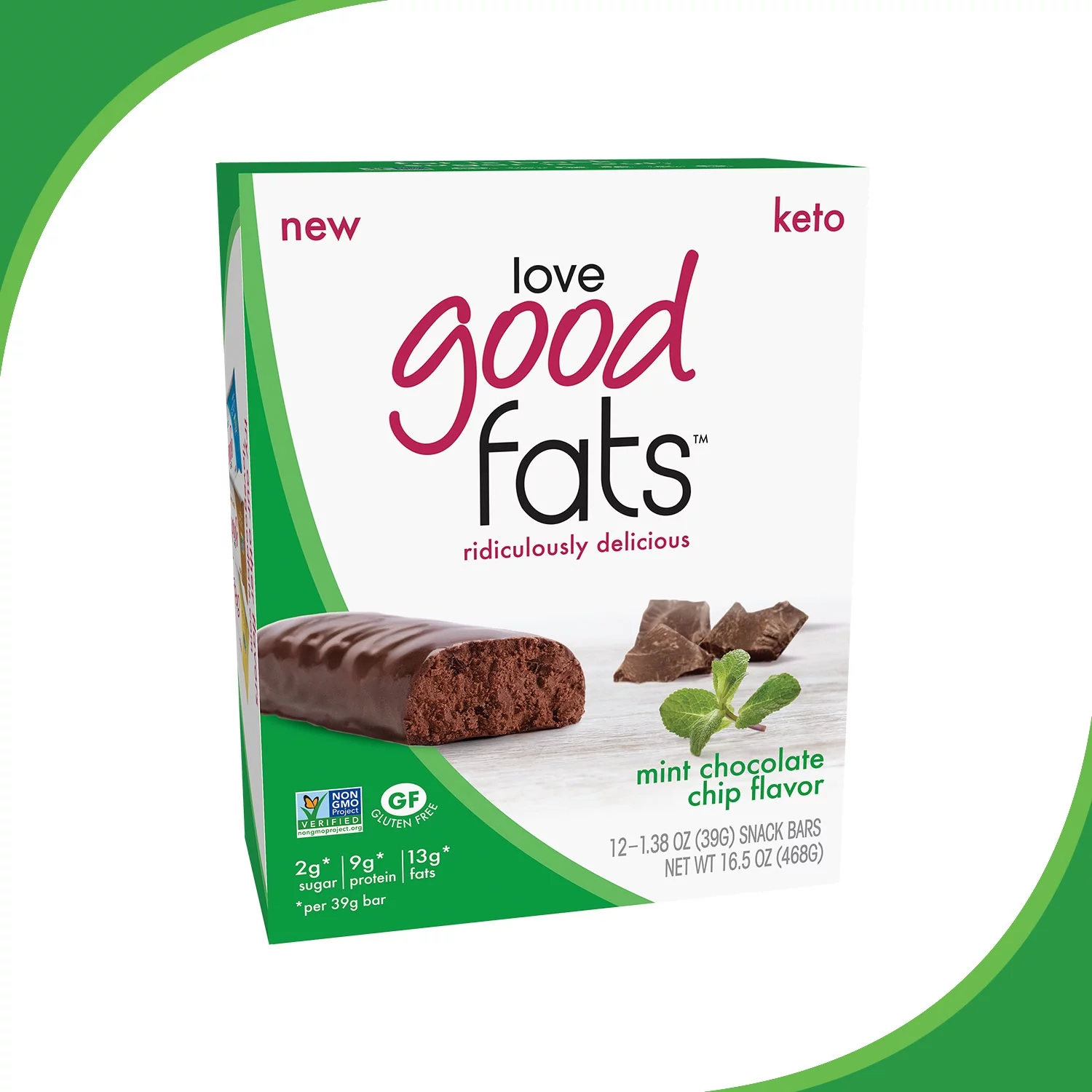 Love Good Fats Bars – Mint Chocolate Chip – Keto-Friendly Protein Bar with Natural Ingredients – Low Sugar, Low Carb, Non GMO, Gluten & Soy Free Snacks for Ketogenic Diets – (12 Count)