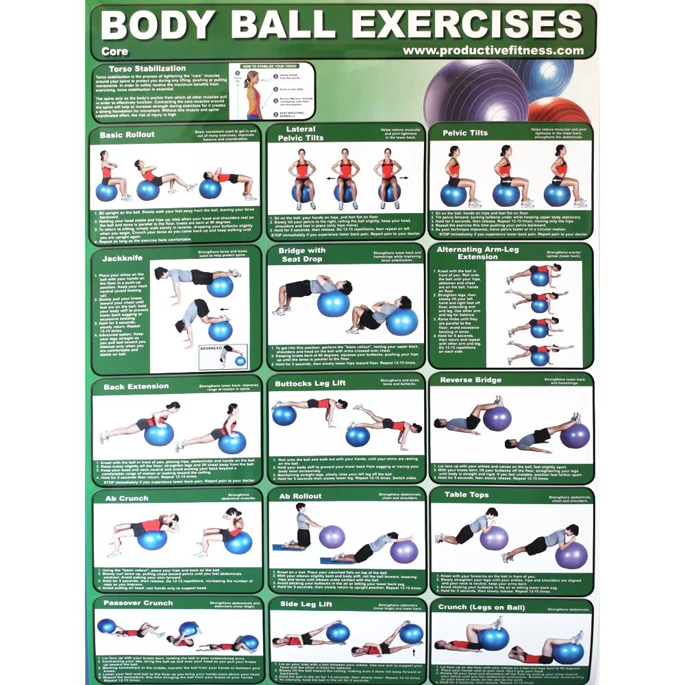 Productive Fitness and Health Instructional Poster Core Body Ball Exercise Chart