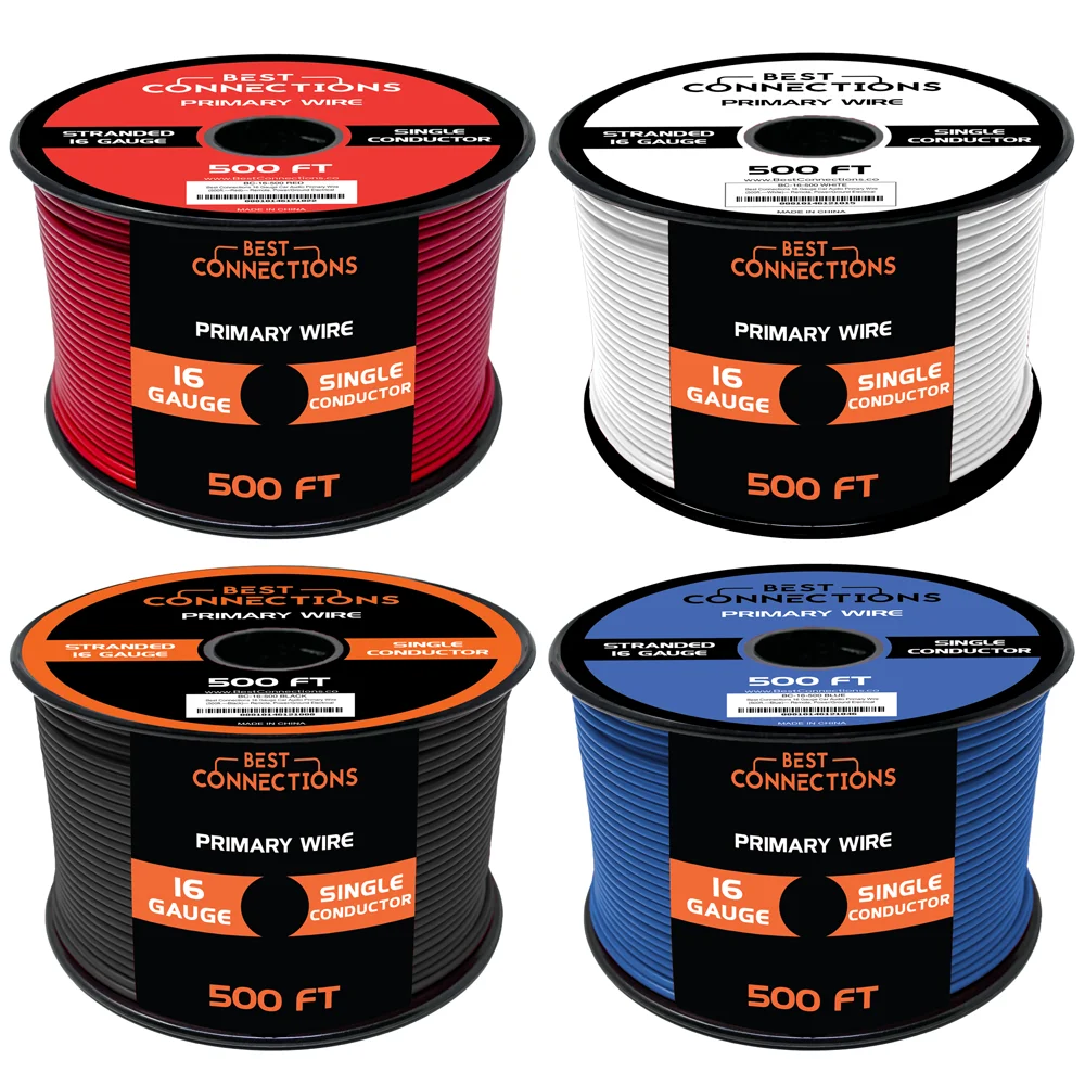 BEST CONNECTIONS 16 Gauge Automotive Primary Wire (500ft Each 4 Color Bundle Set) | Ideal for Trailer, and Lighting Circuits | Durable Primary/Remote, Power/Ground Electrical Wiring