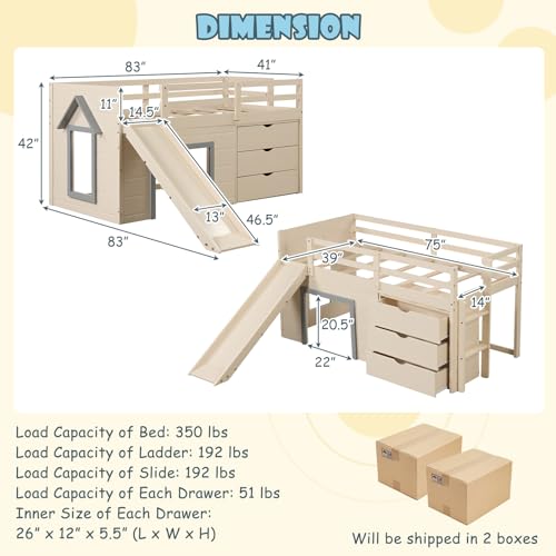 KOMFOTT Twin Low Loft Bed with 3 Storage Drawers & Underneath House, Wood Loft Bed with Slide, Ladder, Guardrails & Under-Bed Play Space, Kids Twin Loft Bed for Girls & Boys, No Box Spring Needed