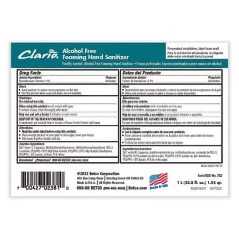 Betco, BET7522900, Alcohol Free Foaming Hand Sanitizer, 1 Each, Green, 33.8 fl oz (1000 mL)