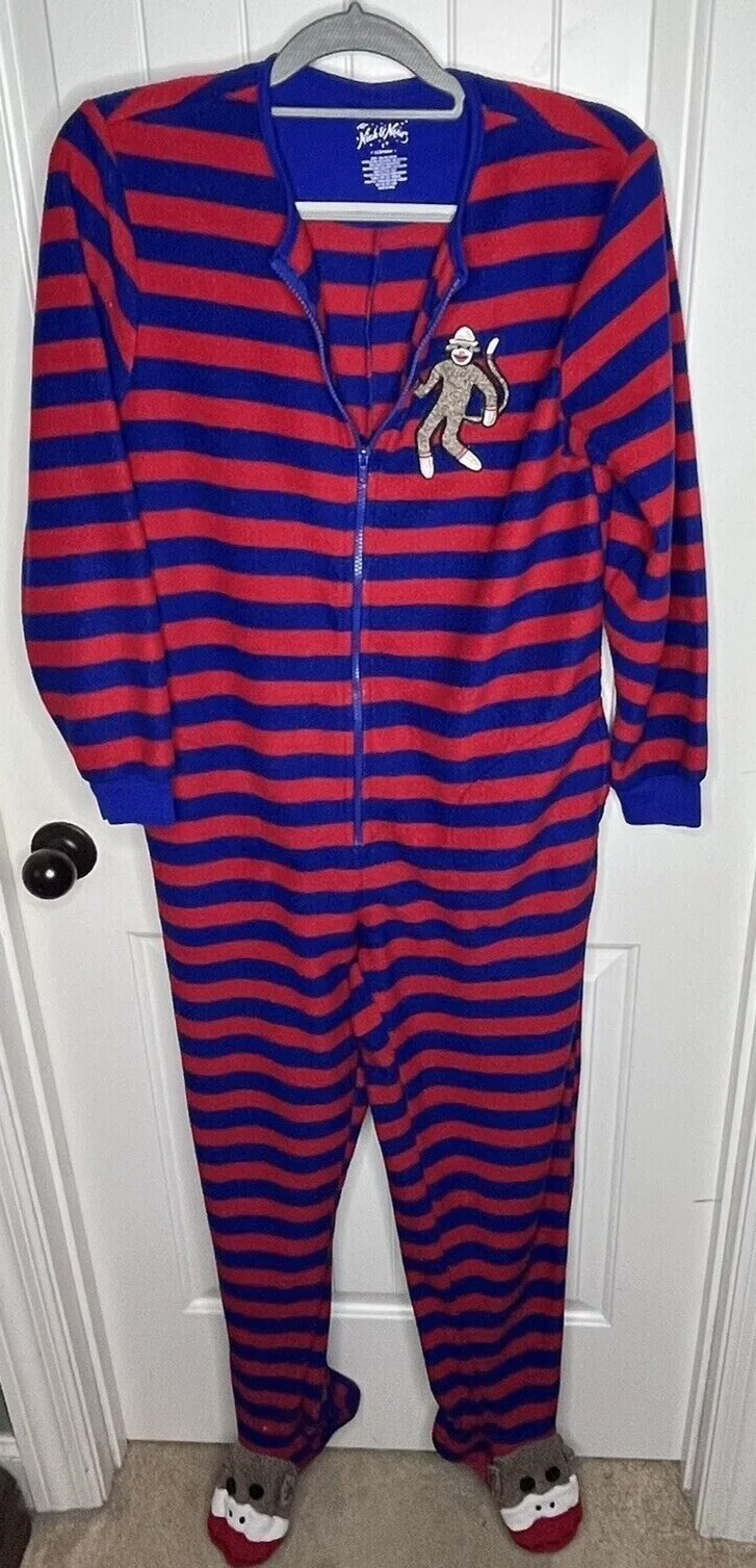 PRE_OWEN Nick & Nora Footed zip Pajamas Red Blue Sock Monkey Striped Sleepwear size 2X