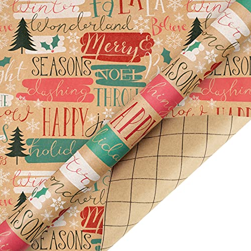 RUSPEPA Christmas Kraft Wrapping Paper - Owl, Reindeer, Christmas Ball and Text Design - 4 Rolls - 30 inches x 10 feet per Roll