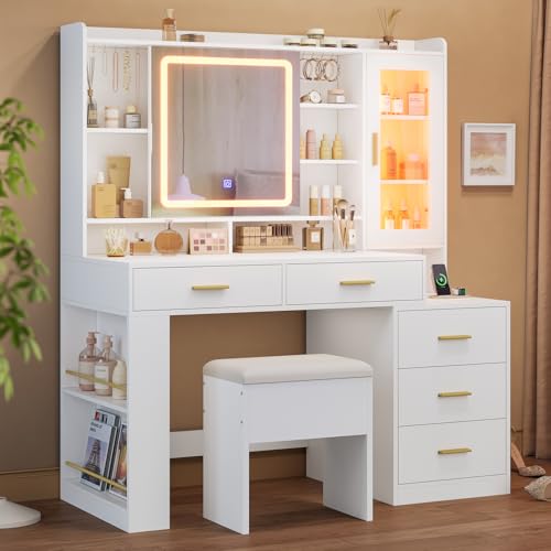 DICTAC Makeup Vanity Desk with Sliding LED Lighted Mirror, 47.2