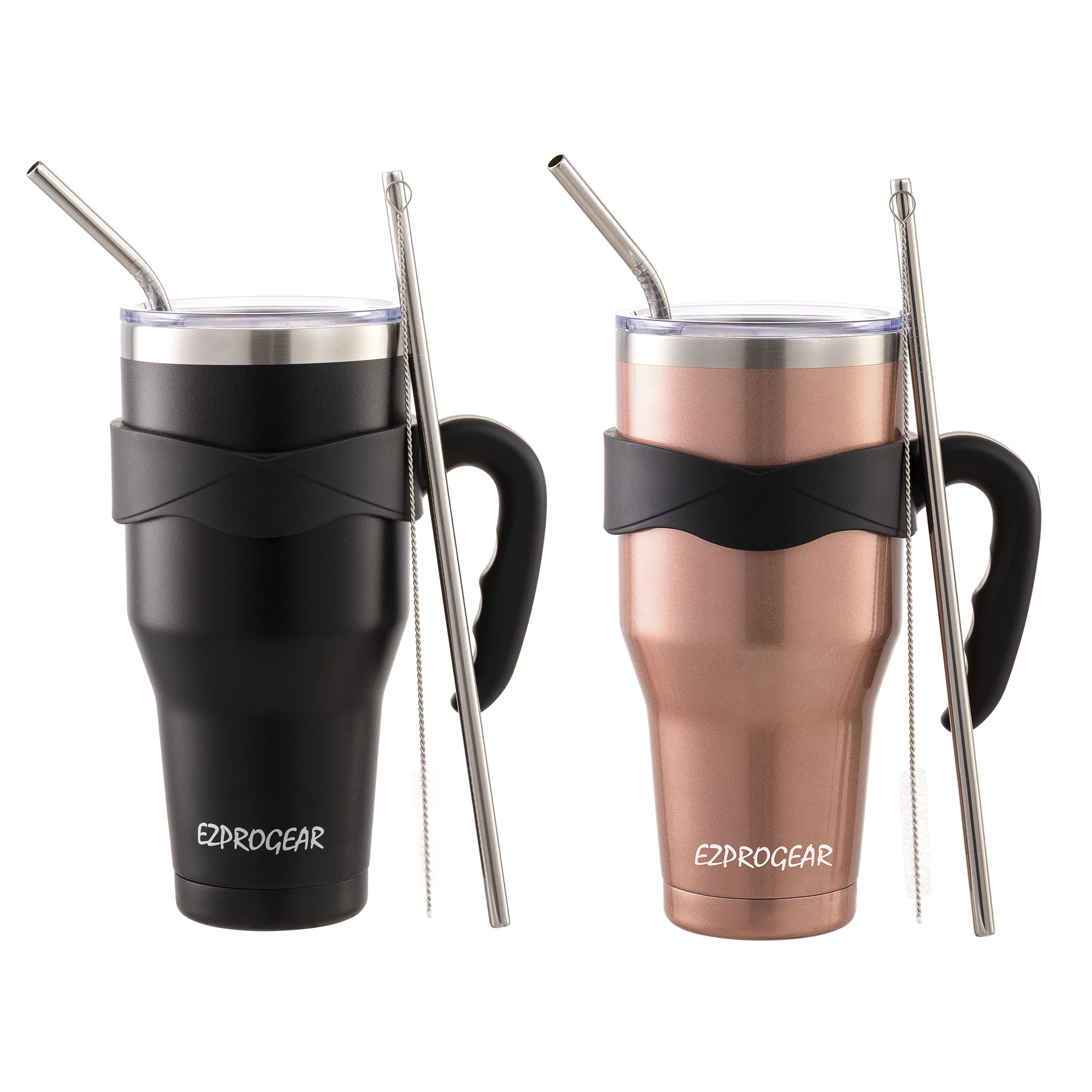 Ezprogear 40 oz 2 Pack Stainless Steel Tumbler Double Wall Vacuum Insulated Coffee Mug Travel Cup with Handle and Straws (Black & Rose Gold)