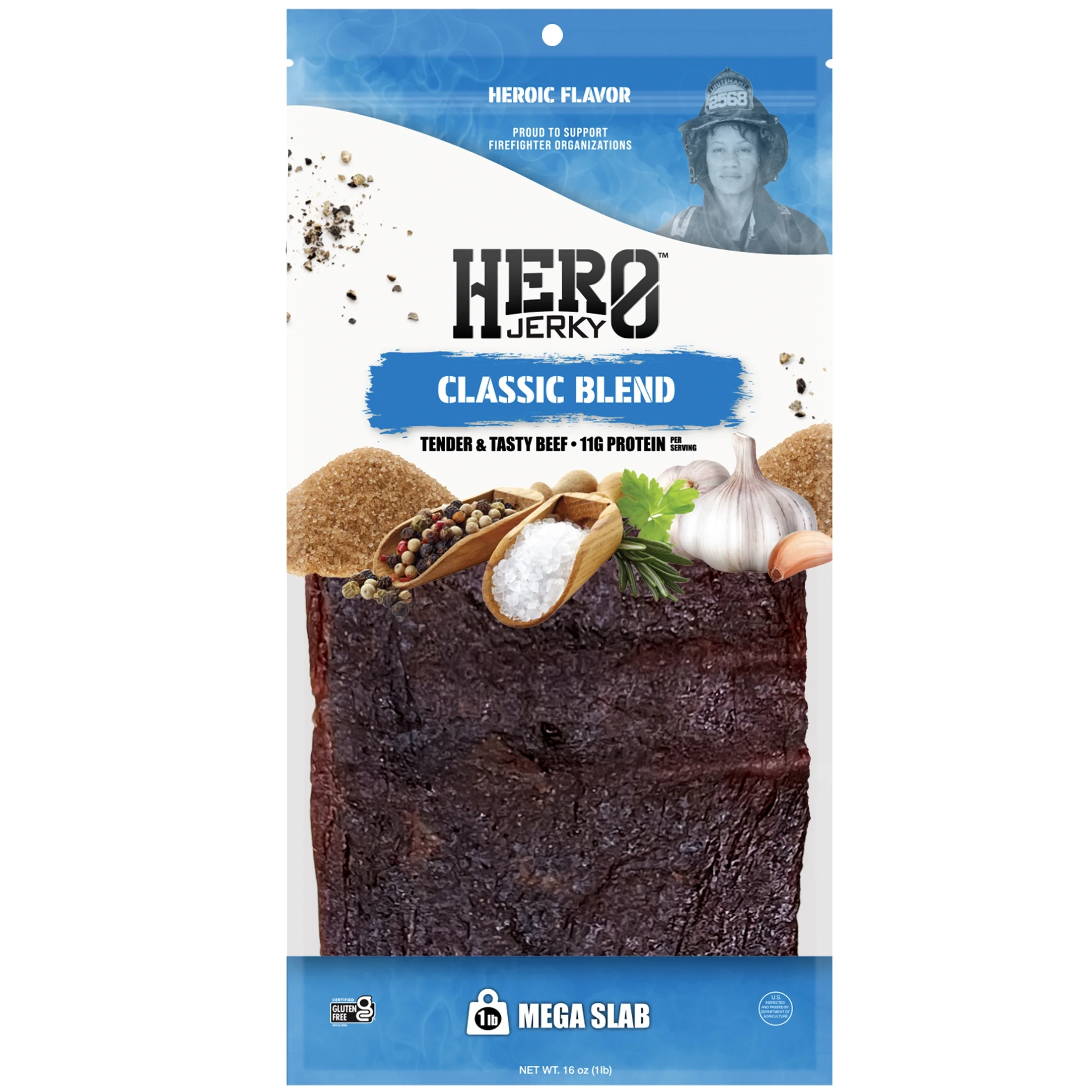 Hero Jerky Classic Mega Beef Jerky Slab – Naturally Smoked, Gluten-Free, Tender & Tasty Beef Jerky, High Protein Snacks 1 Pound