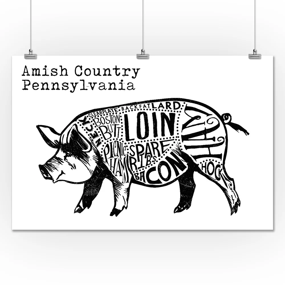 Amish Country, Pennsylvania - Butchers Block Meat Cuts - Black Pig on White - Lantern Press Artwork (24x36 Giclee Gallery Print, Wall Decor Travel Poster)