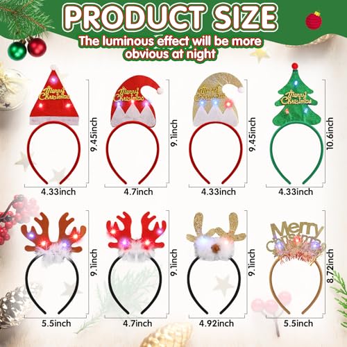 Hiboom 40 Pcs Light Up Christmas Headband Necklace Christmas Glasses Frame Fluorescent Wristbands Glowing in Dark Xmas Party Favor Set Glow Accessories for Holiday Party Favors Supplies