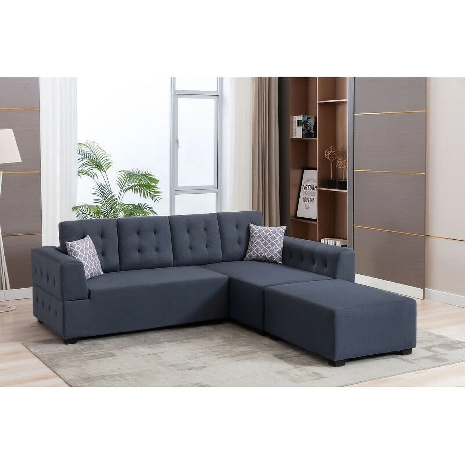 Ordell Linen Sectional Sofa with Right Facing Chaise Ottoman & Pillows Light Gray