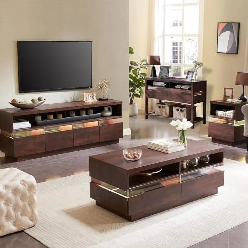 KHBIULIFE 48 Inch LED Coffee Table  Modern Coffee Table with 2 Large  Drawers & Open Cubbies  Rectangle Wood Center Table with LED Lights & Power Strip for Living Room  Dark Walnu