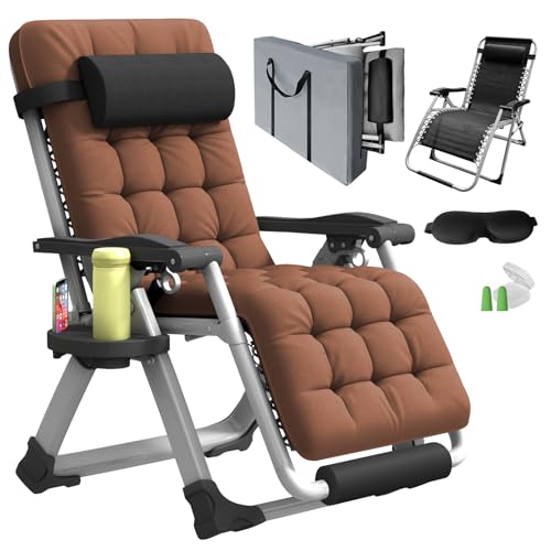 Oversized Zero Gravity Chair, XL lounge Chair 29” Width, Padded Reclining Camping Chair W/Removable Cushion & Adj Headrest, Storage Bag, Footrest Cushion, Cup Holder, For Indoor Outdoor, Brown