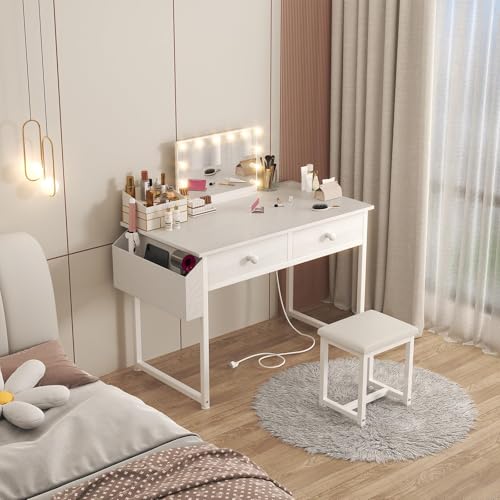 White Makeup Vanity Desk No Mirror with Chair, Small Vanity Table Set with Fabric Drawers, Power Outlet & Chair Without Mirror, Modern Make Up Desk for Girls Bedroom