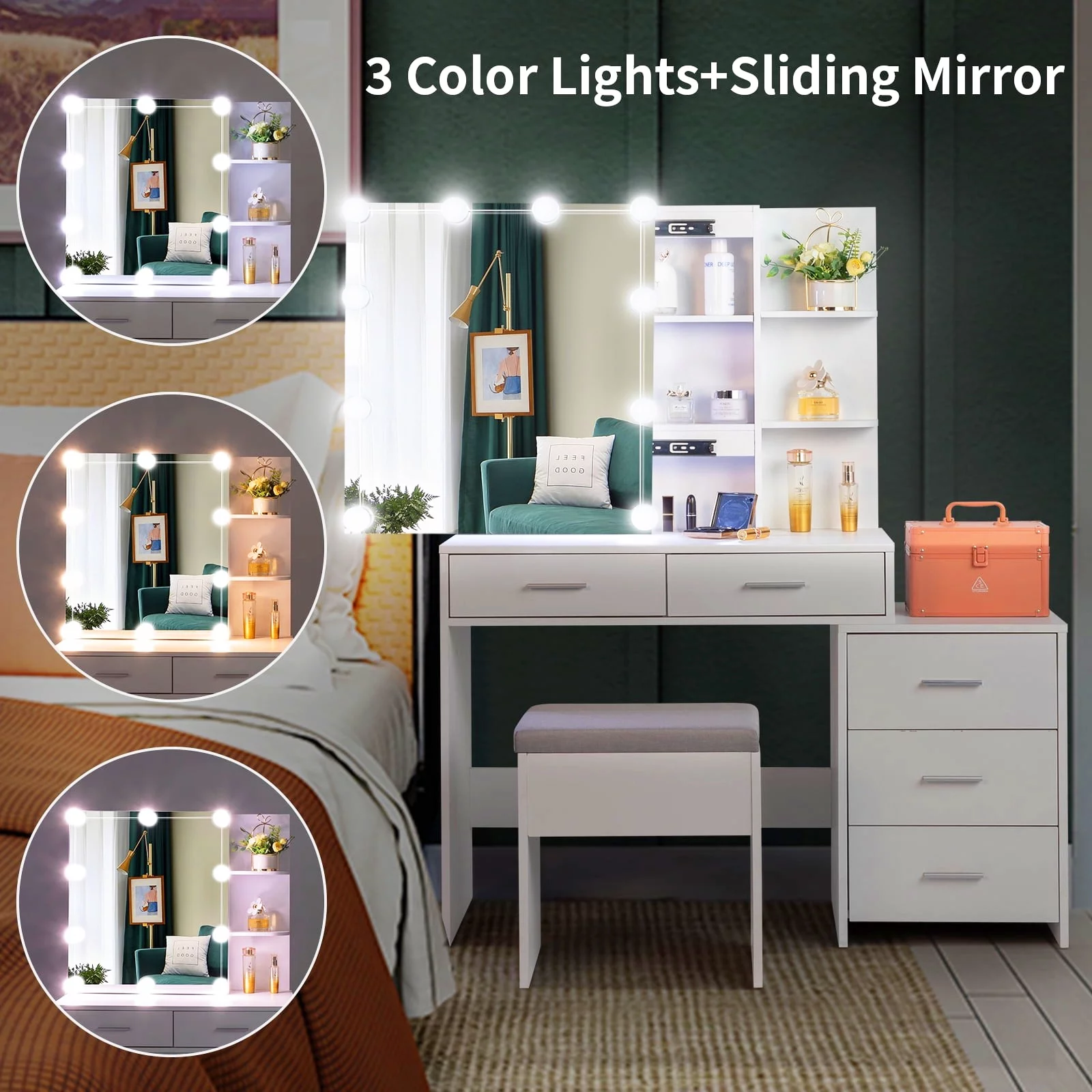 Glavbiku Modern Vanity Table Set with 3 Color Lighted Mirror,Makeup Table with 5Drawer for Bedroom,White