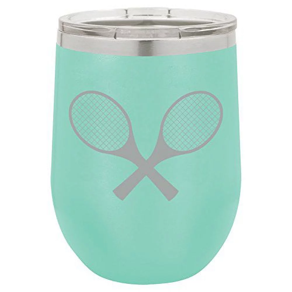 12 oz Double Wall Vacuum Insulated Stainless Steel Stemless Wine Tumbler Glass Coffee Travel Mug With Lid Tennis Racquets (Teal)