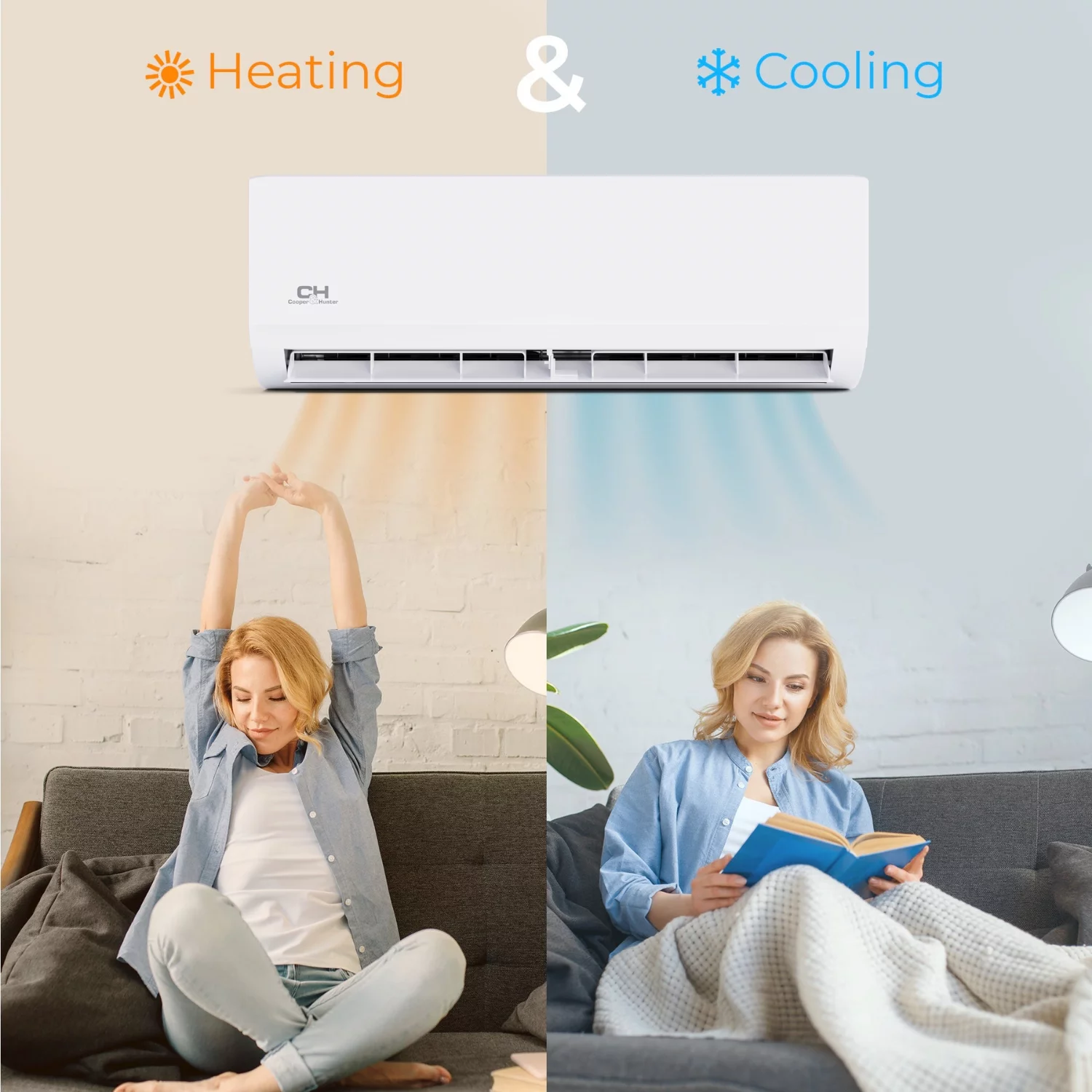 Cooper & Hunter 18000 BTU 230V Wall Mounted Dual 2 Zone Mini Split Heat Pump Air Conditioner 9K + 12K BTU Cover 950 Sq Ft WiFi