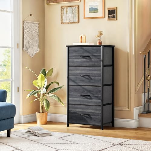 DWVO 4 Drawers Dresser, Dresser for Bedroom, Fabric Storage Tower, Chest of Drawers, Organizer Unit for Closets, Living Room, Sturdy Steel Frame, Wooden Top, Easy Pull Fabric Bins