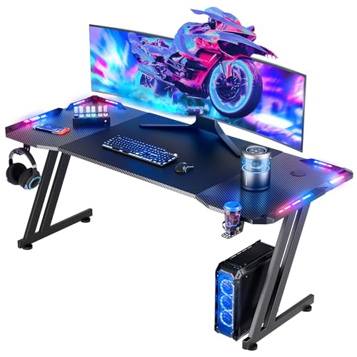 HLDIRECT 47 Inch Gaming Desk with LED Lights Carbon Fibre Surface Gaming Table Large Computer Desk Ergonomic Home Office Desks Z Shaped PC Gamer Workstations with Cup Holder & Headphone Hook