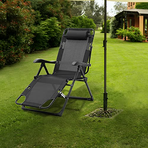 Magshion Folding Reclining Patio Chair, Adjustable Foldable Lounge with Additional Support Bar and Headrest Patio Lawn Recliner for Outdoor Pool Camp Yard, 300lbs Capacity, Black