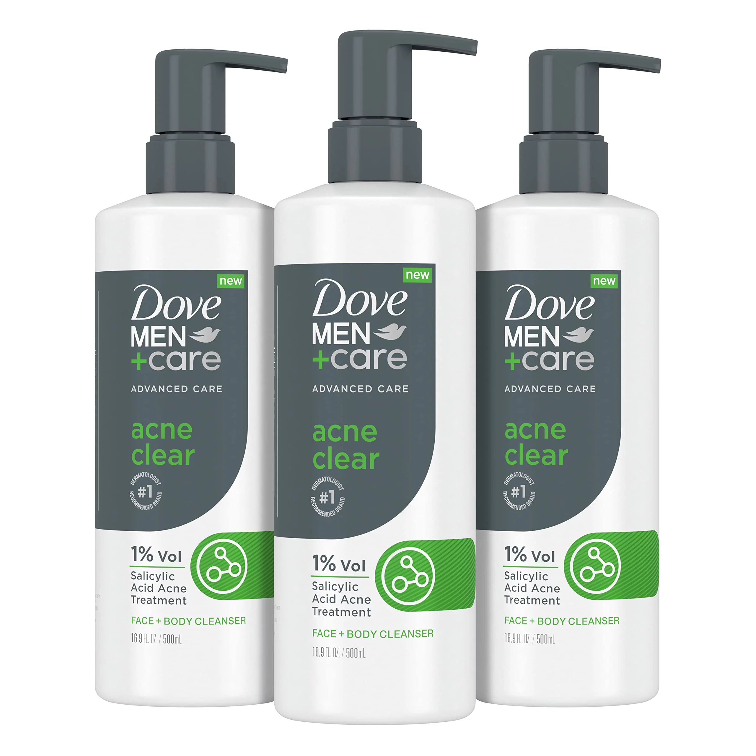 Dove Men + Care Advanced Care Cleanser Acne Clear 3 Count For Acne Prone Skin Face + Body Cleanser With 1% Salicylic Acid 16.9 Oz