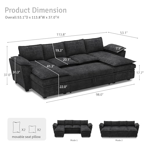 Belffin Oversized Modular Sectional Sofa Sleeper Sofa with Pull Out Couch Bed Oversized Modular Couch with Storage Ottomans Chenille Black