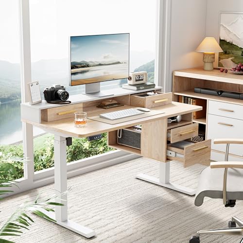 Standing Desk with 4 Drawers, 47.2 x 23.6 Inch Whole Piece Height Adjustable Electric Sit Stand Desk, Computer Home Office Workstation with Open Storage Shelf, Light Walnut
