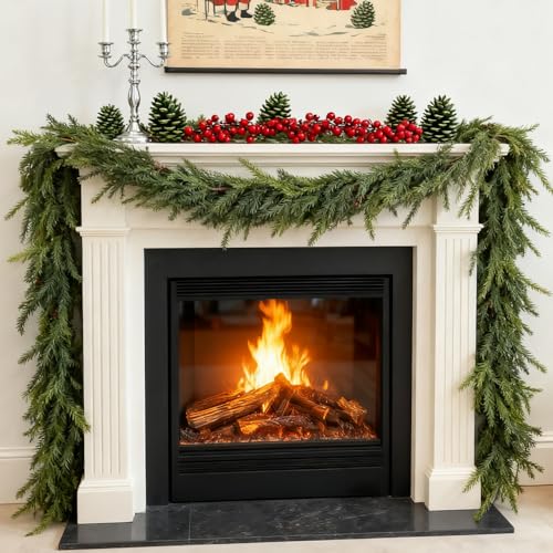 Jasion 9 Ft Christmas Garlands Norfolk Pine Garland Real Touch Artificial Faux Greenery Garland for Holiday Indoor Outdoor Table Wall Mantle Fireplace Decor