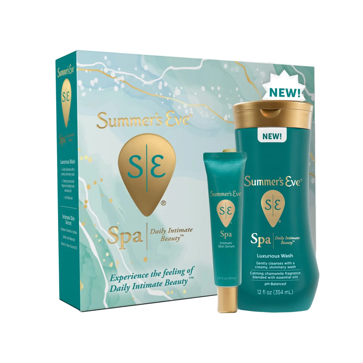 Summer's Eve Spa Set Daily Intimate Beauty Gift Box for Women Hydrating Intimate Serum (1oz Tube) and Cleansing Feminine Luxurious Wash (12 oz) *EN