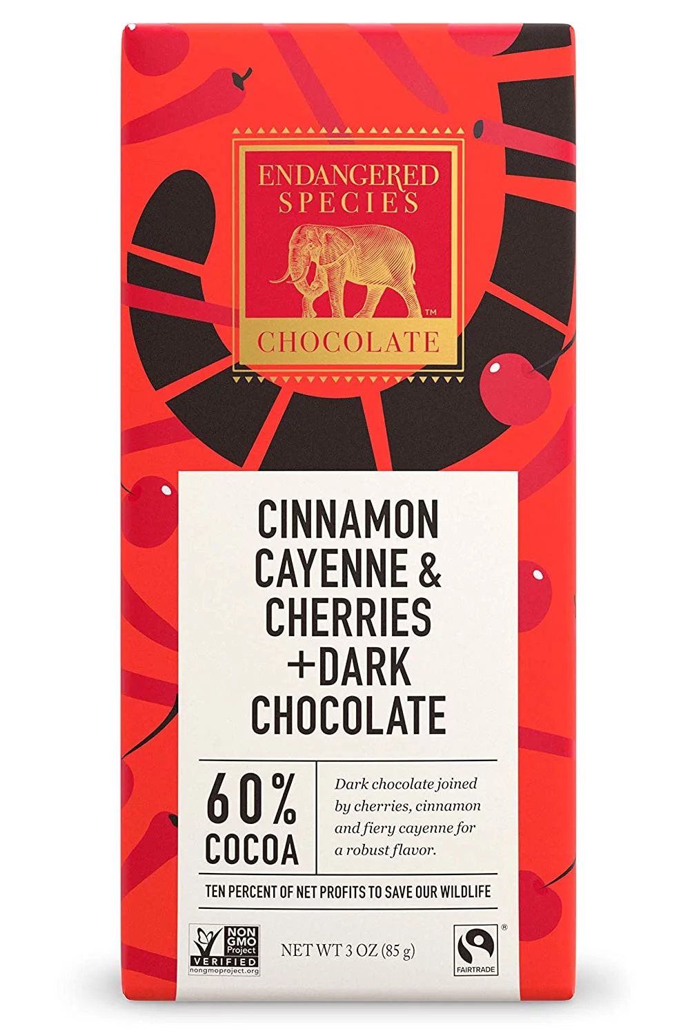 Endangered Species Natural Dark Chocolate Bar with Cinnamon Cayenne and Cherries, 3 Ounce | Pack of 12
