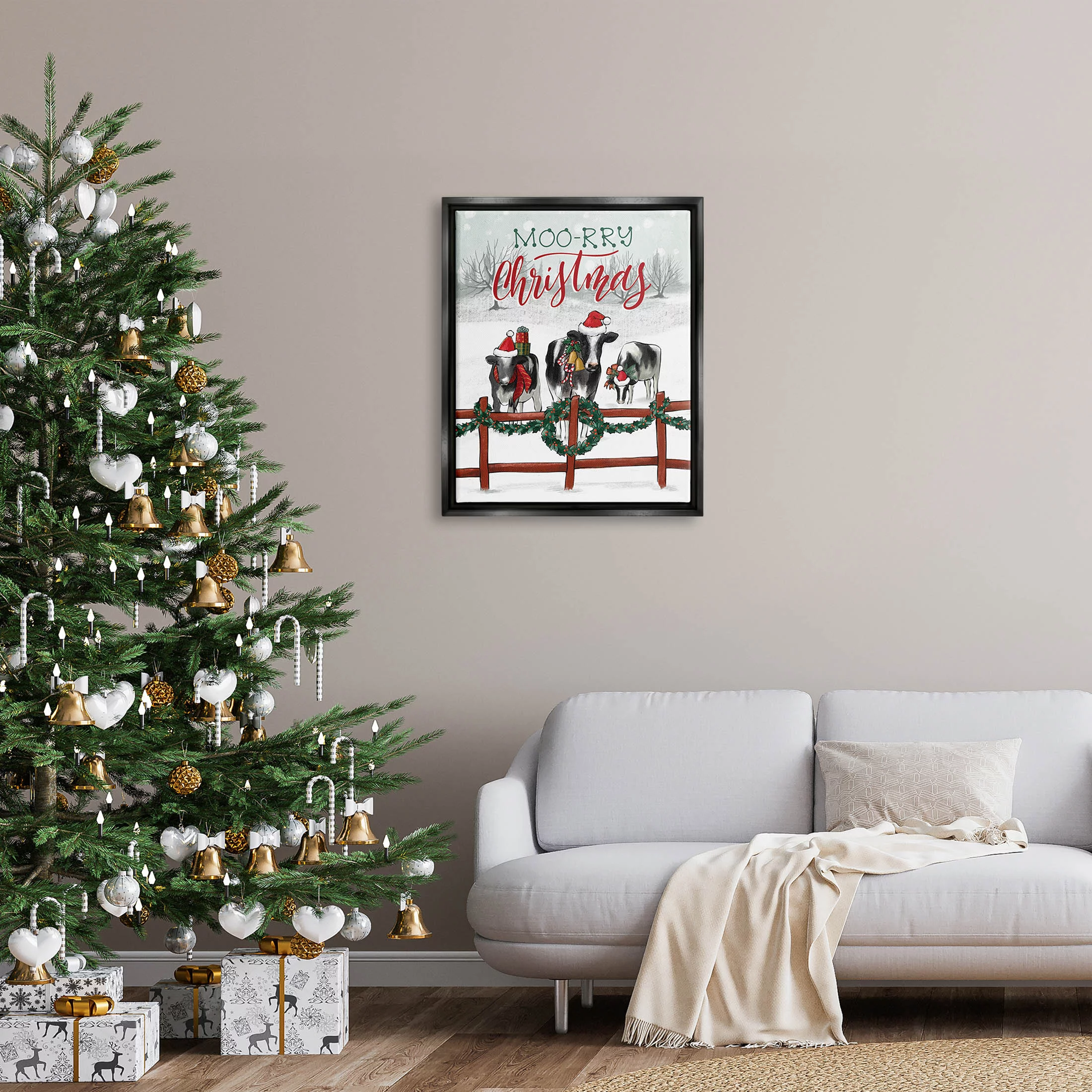 Moo-rry Christmas Holiday Snowy Cows Holiday Graphic Art Jet Black Framed Art Print Wall Art