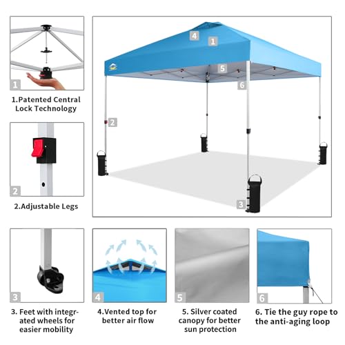 CROWN SHADES 10x10 Pop Up Canopy - Beach Tent with One Push Setup - Easy Outdoor Sun Shade for Events, Parties, Camping - Gazebo with STO-N-Go Cover Bag, Silver Coated Top, White