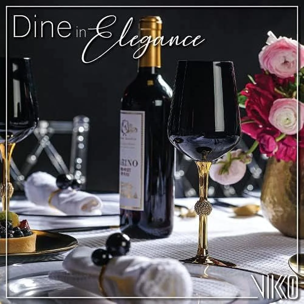 Black  Wine Glasses | 11 Ounce Cup – Striking Black  Design With Diamante Accents – Dishwasher Safe – Set Of Six Stunning Wine Glasses – 8.4” X 2.3”