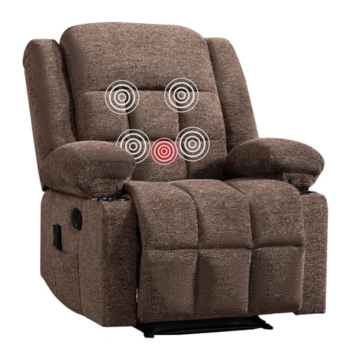 Phoenix Home Manual Recliner Chair with Massage and Heat, Ergonomic Breathable Fabric Lounge Chair for Living Room Bedroom, Comfy Overstuffed Recliners with 2 Side Pockets, 2 Cup Holders, Brown