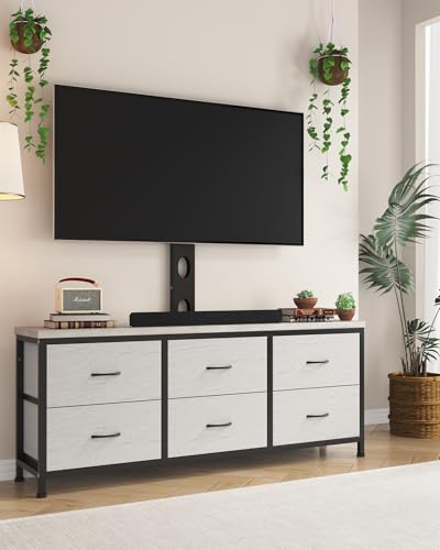TV Stand with Mount, Fabric Dresser with 6 Drawers for 32/45/55/60/65/75 inch TVs, Black Dresser Entertainment Center, Modern Media TV Console Table