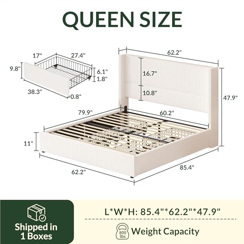 King Size Bed Frame with 4 Storage Drawers Modern White Corduroy Upholstered Platform Bed Frame and Headboard Tufted Vertical Stripe &Wooden Slats Support, No Box Spring Need,Easy Assembly