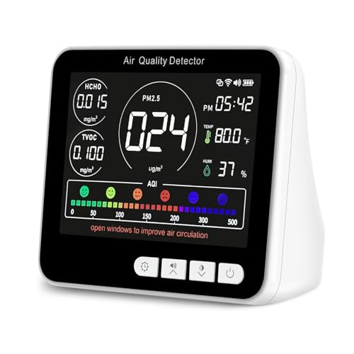 14 in 1 Air Quality Monitor Indoor with Beep Alarm, 6 AQI Air Quality Detector with PM1.0|PM2.5|PM10|HCHO|TVOC|AQI|Temperature|Humidity|Time for Home, Hotel, Office, Car, Battery Powered Air Monitor