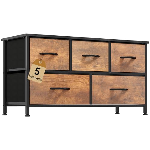 DWVO TV Stand, Fabric Tower with 5 Drawers, Dresser for Bedroom, Storage Tower, Chest of Drawers for Closet, Living Room, Hallway