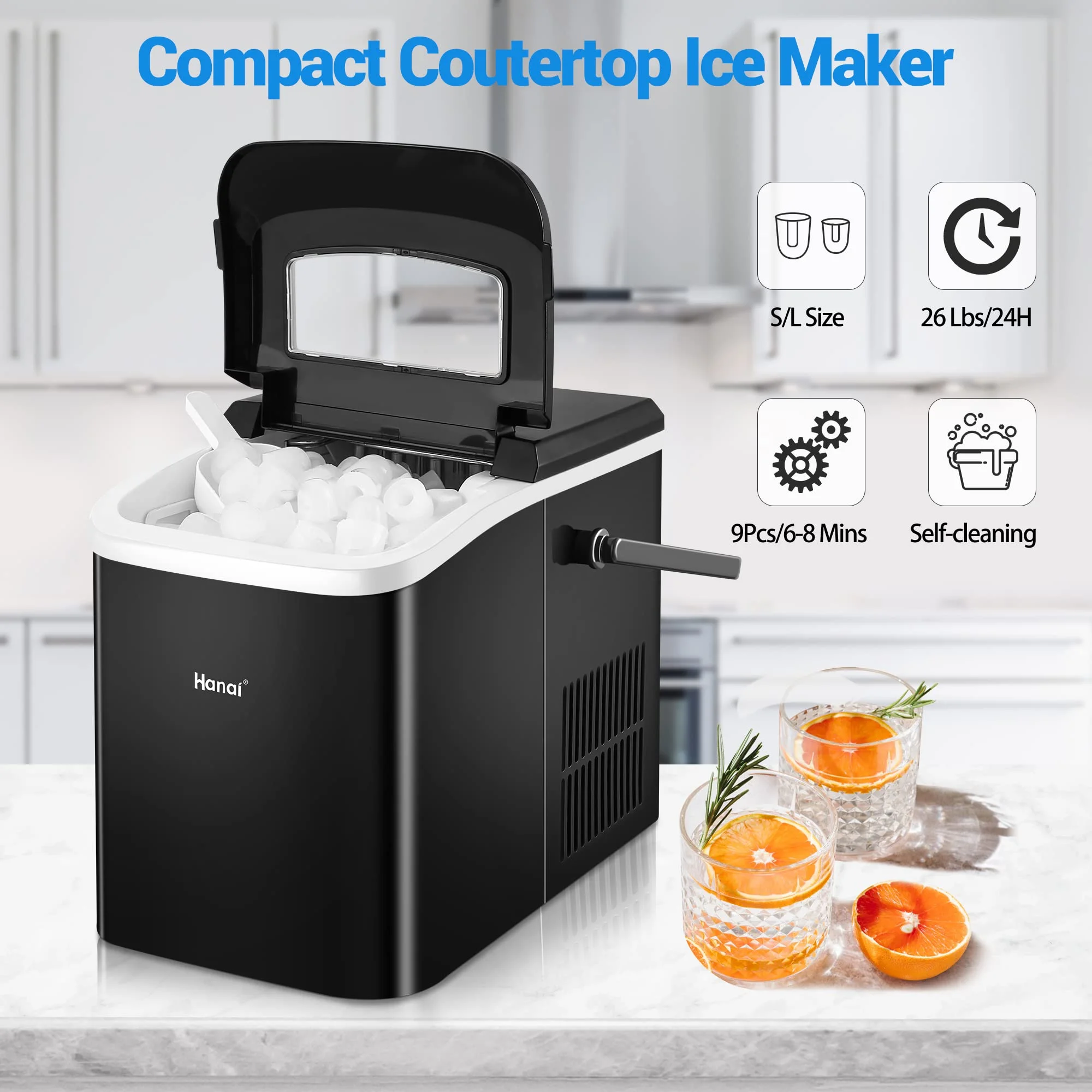 Wanai Ice Makers Countertop, 33lbs in 24 Hours, 9 Cubes Ready in 6-8 Mins, Self-Cleaning Portable Ice Machine with Ice Scoop and Basket, 2 Sizes of Bullet Ice for Home Kitchen Office Bar Party