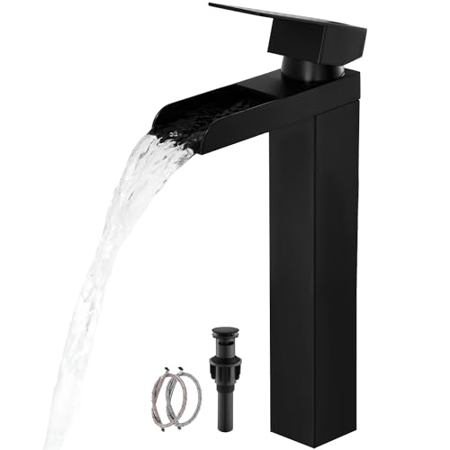 Black Waterfall Bathroom Faucet, Single Handle Bathroom Sink Faucet，Rv Vanity Vessel Faucets for 1 or 3 Hole with Pop-up Drain and Hose KMBF014B