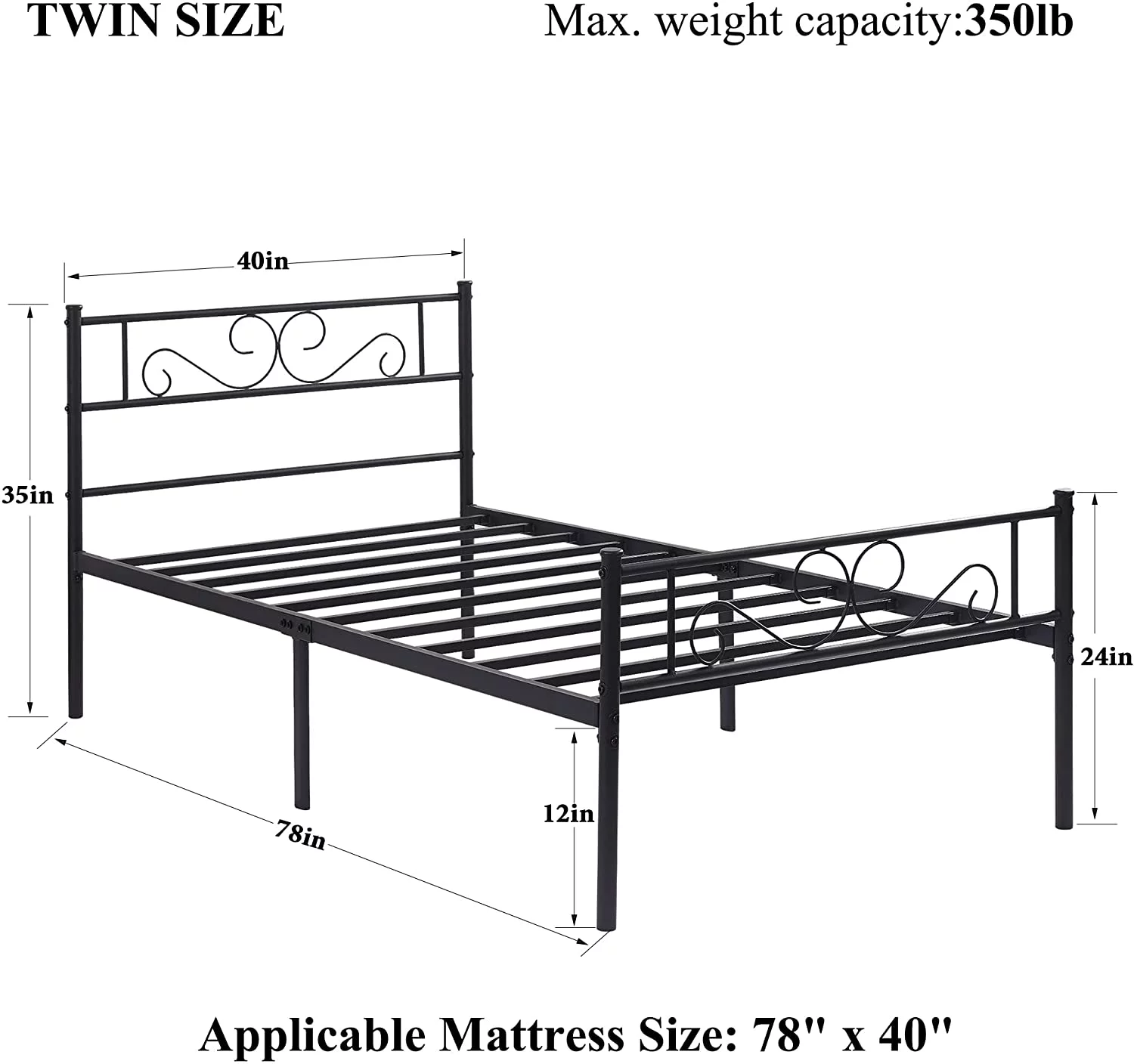 VECELO Twin Metal Platform Bed Frame, Mattress Foundation with Headboard & Footboard, Black
