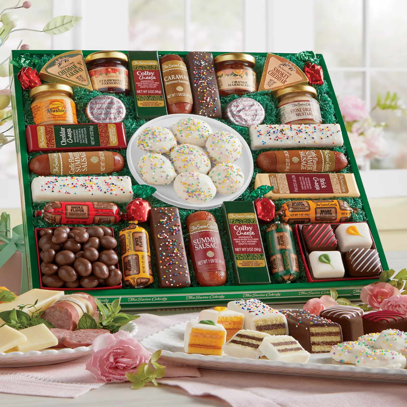 The Swiss Colony 27 Favorites - Assorted Chocolates, Sausage Meats, Cheese Blocks, and Spreadables, Sweet and Savory Variety Treats, Perfect Gift for Easter Holiday or Birthdays
