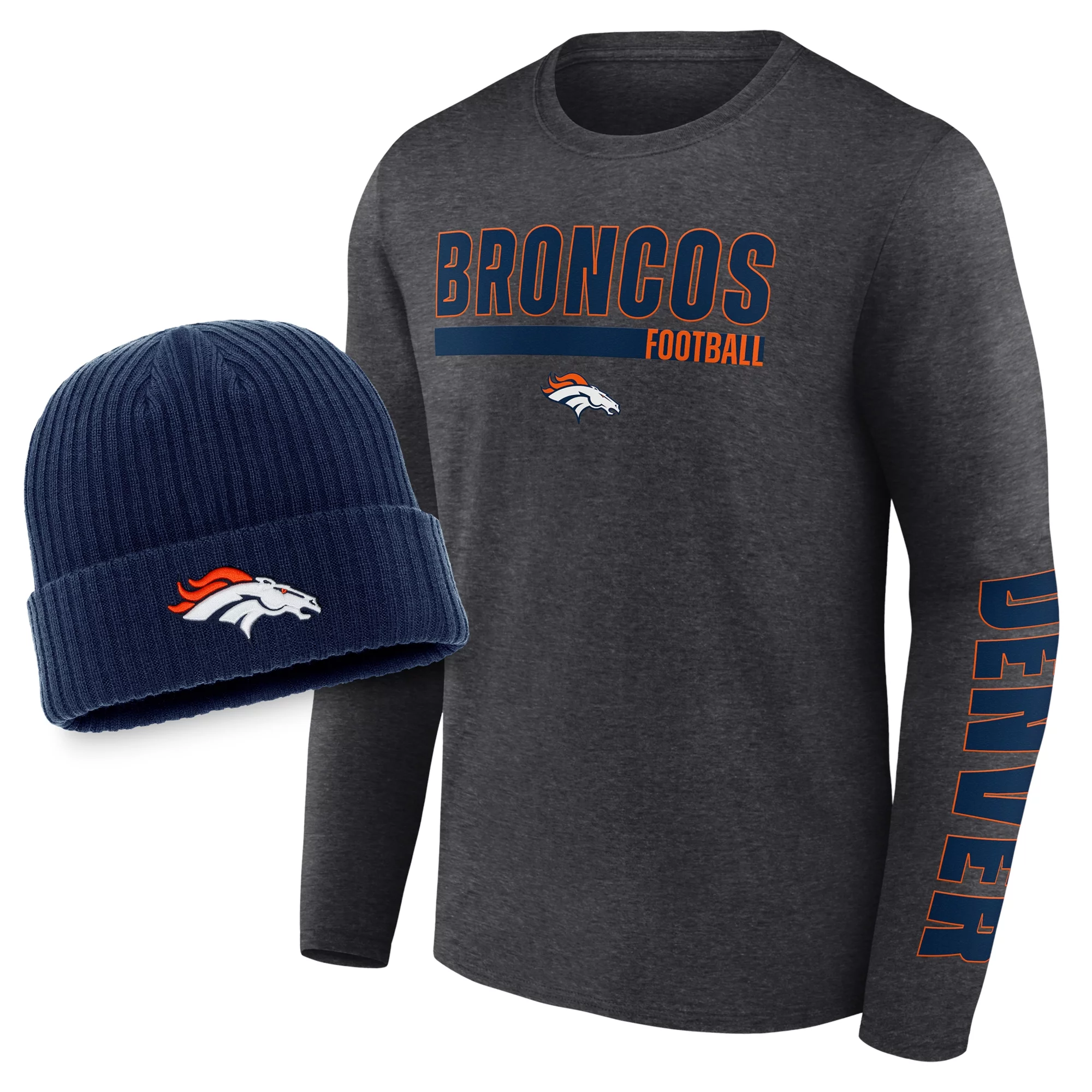 Men's Fanatics Branded Heather Charcoal/Navy Denver Broncos Long Sleeve T-Shirt & Cuffed Knit Hat Combo Set
